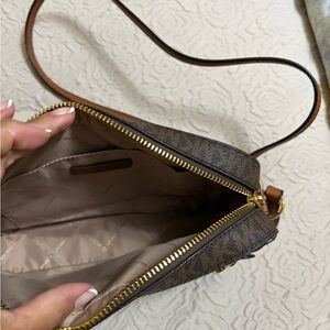 Michael Kors Brown Monogram Crossbody with Tan Strap and Gold Hardware